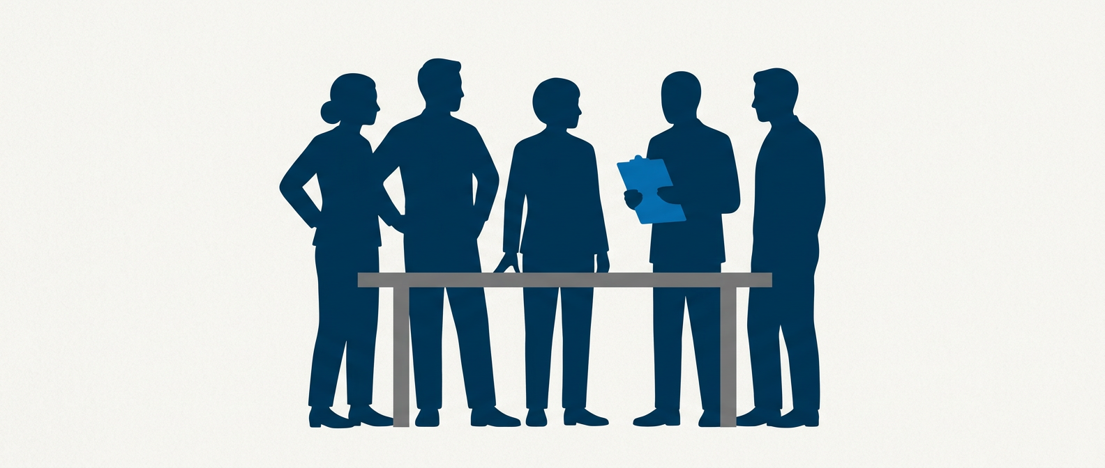 A small group of navy silhouetted figures stands organised around a table, one holding a cobalt folder, the named crisis team ready before a crisis hits.