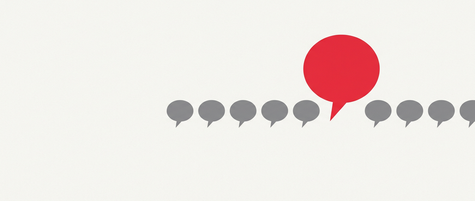 A row of small grey speech bubbles with one swollen into a large red bubble lifting out of the line, the single ordinary complaint that has escalated into a crisis.
